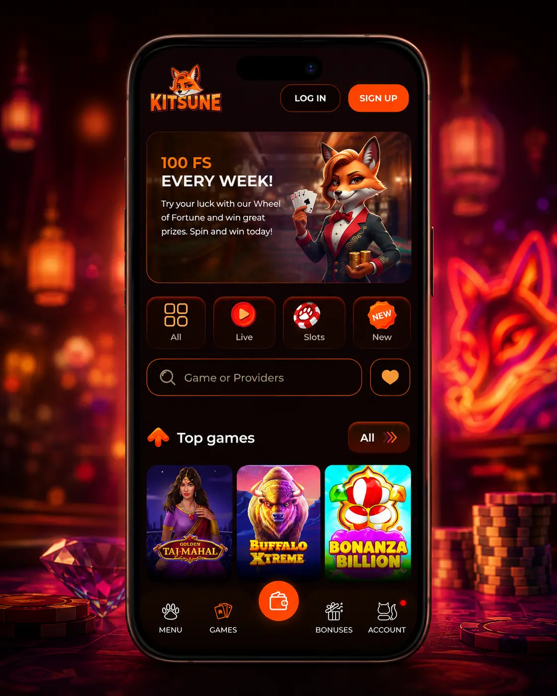 Interface mobile de Kitsune Casino affichée sur un smartphone